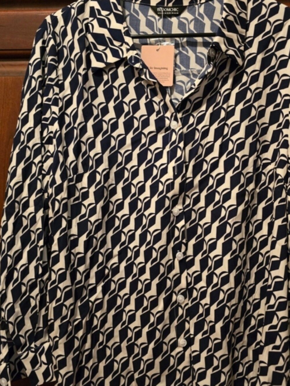 Navy and White Patterned Button-Up Shirt